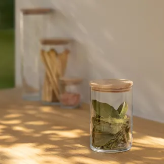 Szklany pojemnik z drewnianym deklem Stor 15 cm